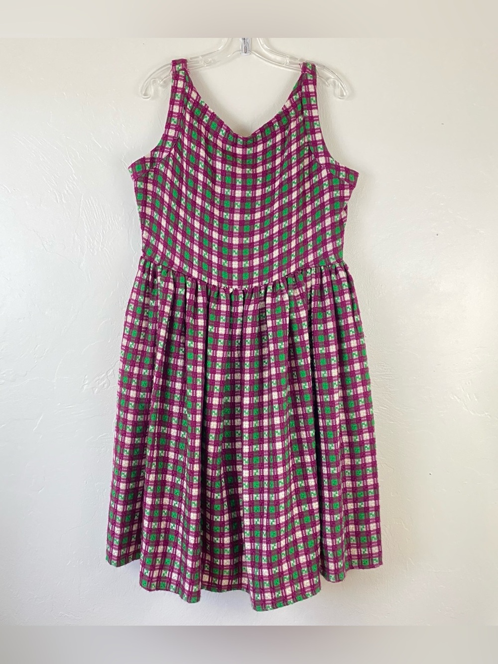 Saint Geraldine Size XL Purple Green Knit Plaid Scoop Neck Sleeveless Midi Dress
